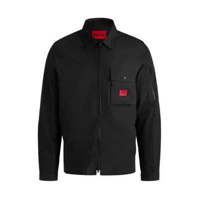Hugo Boss Zip-up Canvas Overshirt With Logo Label In Black