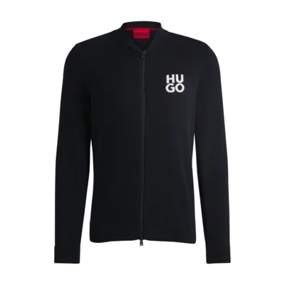 Hugo Boss Zip-up Cardigan In Cotton With Stacked Logo In Blue