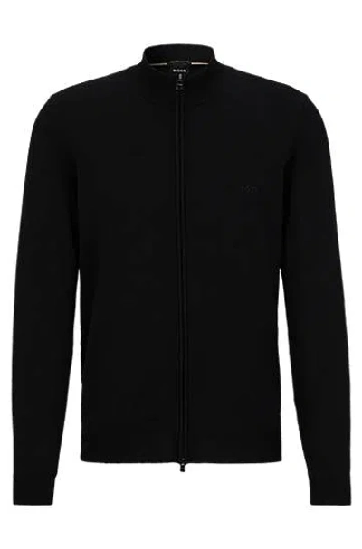 Hugo Boss Zip-up Cardigan In Virgin Wool With Embroidered Logo In Black