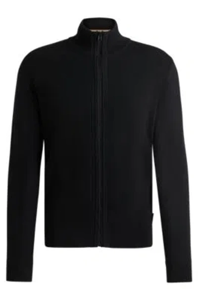 Hugo Boss Zip-up Cardigan In Wool With Mixed Structures In Black