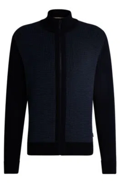 Hugo Boss Zip-up Cardigan In Wool With Mixed Structures In Dark Blue