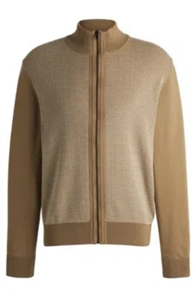 Hugo Boss Zip-up Cardigan In Wool With Mixed Structures In Neutral