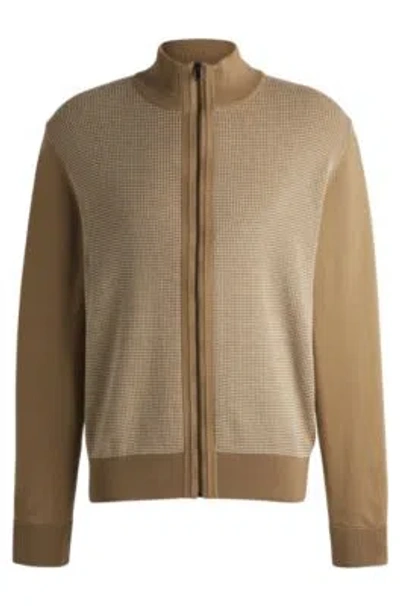 Hugo Boss Zip-up Cardigan In Wool With Mixed Structures In Light Beige