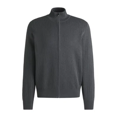 Hugo Boss Zip-up Cotton Cardigan With Knitted Pinstripes In Grey