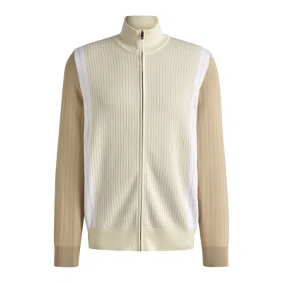 Hugo Boss Zip-up Cotton Cardigan With Knitted Pinstripes In White