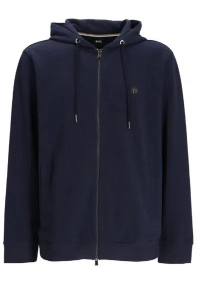Hugo Boss Zip-up Hooded Hooded Sweatshirt In Blue