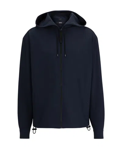 Hugo Boss Zip-up Relaxed-fit Hooded Shirt In Stretch Fabric In Dark Blue