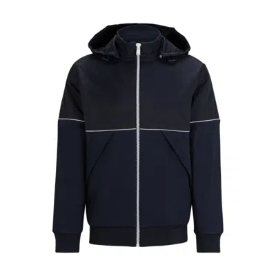 Hugo Boss Zip-up Hoodie In Mixed Materials With Logo Detail In Dark Blue