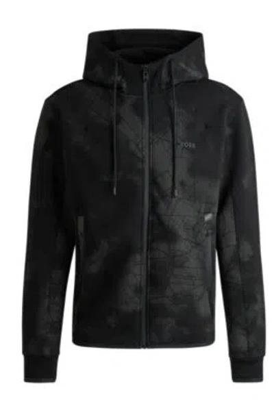 Hugo Boss Zip-up Hoodie With Decorative Reflective Artwork In Black