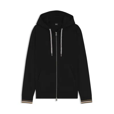 Hugo Boss Zip-up Hoodie With Patterned Drawcords In Black