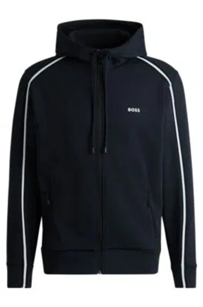 Hugo Boss Zip-up Hoodie With Tape Inserts In Dark Blue