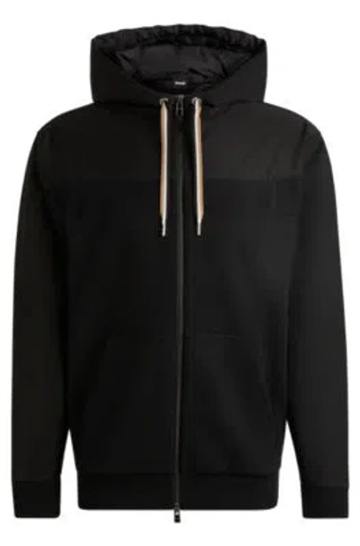 Hugo Boss Zip-up Hoodie With Tonal Insert In Black