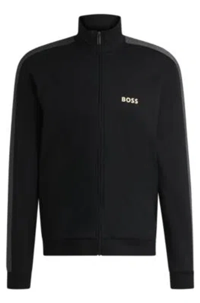 Hugo Boss Zip-up Jacket With Foil-printed Logo In Black