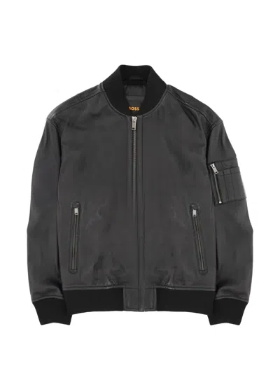 Hugo Boss Zip-up Leather Bomber Jacket In Black