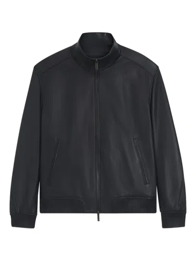 Hugo Boss Zip-up Leather Bomber Jacket In Black