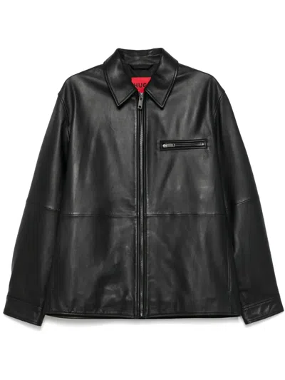 Hugo Boss Zip-up Leather Jacket In Black