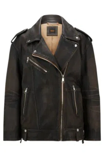 Hugo Boss Zip-up Leather Jacket With Signature Lining In Brown