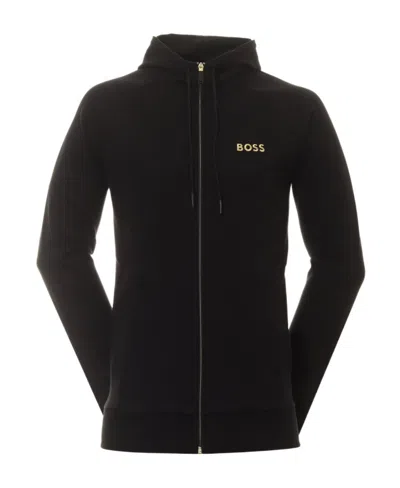 Hugo Boss Zip-up Logo Print Hoodie In Black