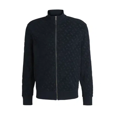Hugo Boss Zip-up Sweatshirt In Cotton With Tonal Monograms In Blue