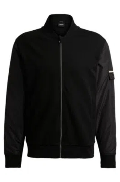 Hugo Boss Zip-up Sweatshirt With Signature-stripe Detail In Black