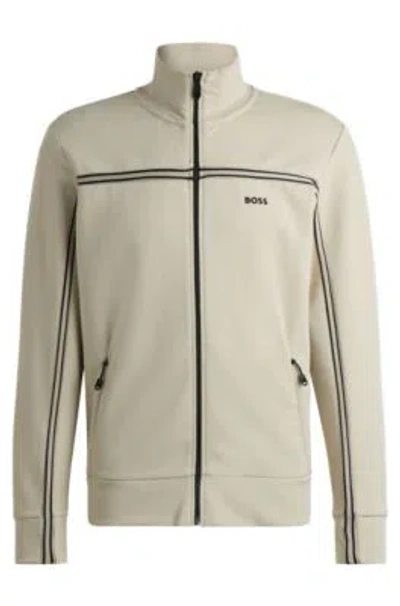 Hugo Boss Zip-up Sweatshirt With Tape Inserts In Light Beige