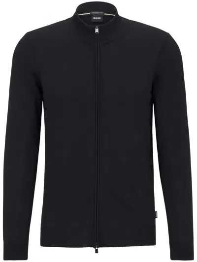 Hugo Boss Zip-up Virgin-wool Cardigan In Black