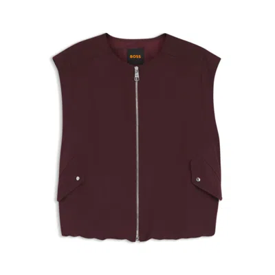 Hugo Boss Zip-front Waistcoat In Twill In Brown