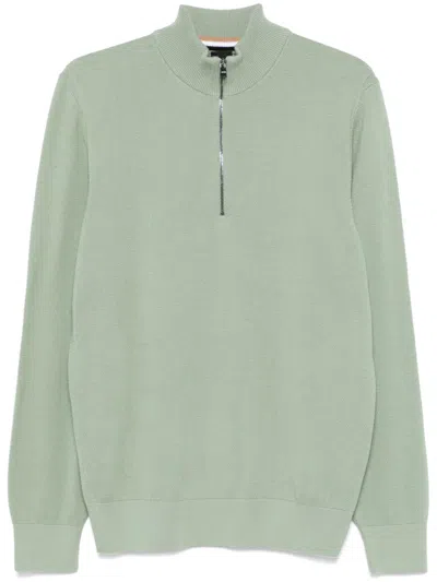 Hugo Boss Zipped Cotton Sweater In Green