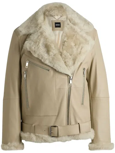 Hugo Boss Zipped Leather Jacket In Neutral