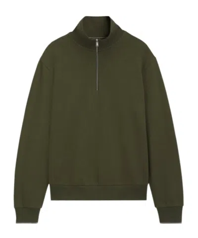 Hugo Boss Zipper Neck Sweatshirt In Structured Cotton In Green