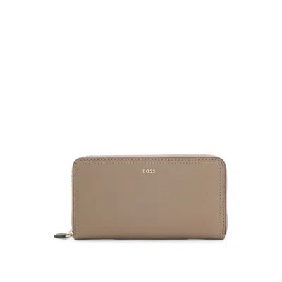Hugo Boss Zippered Wallet In Grained Leather With Metallic Logo Lettering In Brown