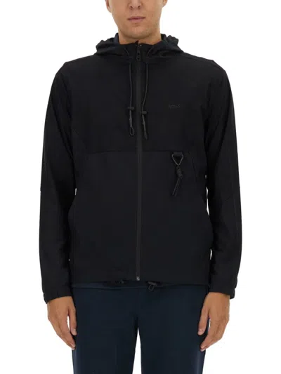 HUGO BOSS ZIP-UP BLACK TECHNICAL FABRIC HOODED SWEATSHIRT