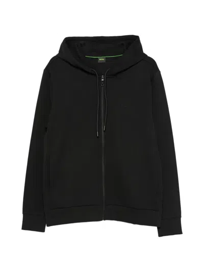 Hugo Boss Patterned-drawcord Zip-up Hoodie In A Cotton Blend In Black
