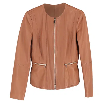Hugo Boss Zip-up Jacket Wit Pockets In Brown Lamb Leather