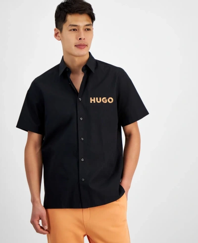 Hugo By  Boss Men's Relaxed-fit Logo-print Button-down Shirt, Created For Macy's In Black