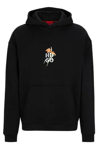 Hugo Boss Cotton-blend Oversized-fit Hoodie With Floral Artwork In Black