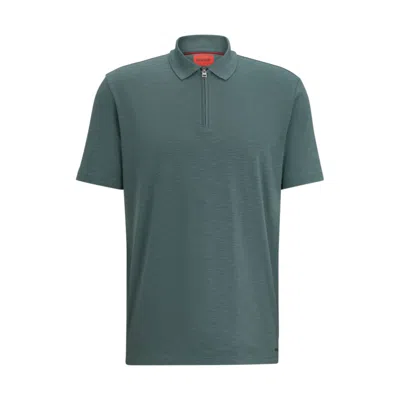 Hugo Cotton-blend Polo Shirt With Zip Placket In Dark Green