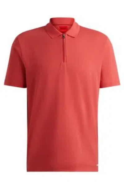 Hugo Cotton-blend Polo Shirt With Zip Placket In Red