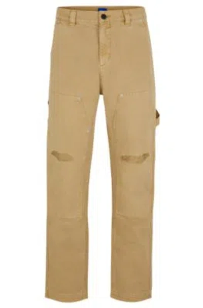 Hugo Cotton-canvas Trousers With Distressed Details In Beige