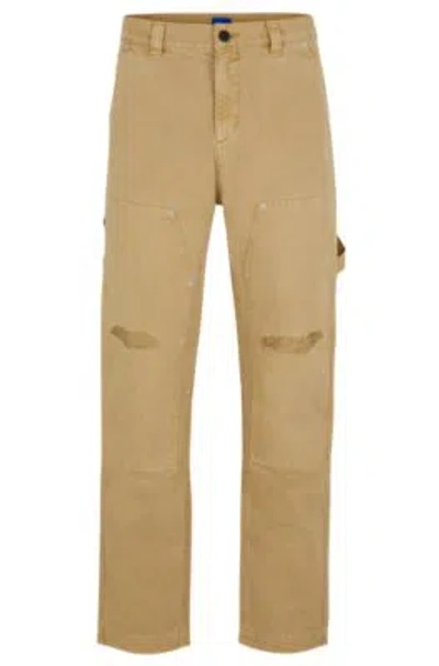 Hugo Boss Cotton-canvas Trousers With Distressed Details In Beige