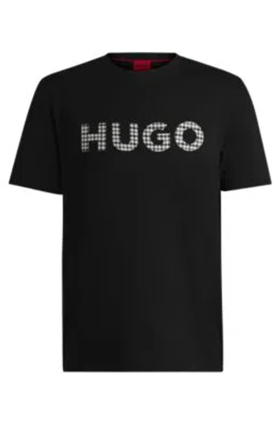 Hugo Boss Cotton-jersey Regular-fit T-shirt With Houndstooth Logo In Black