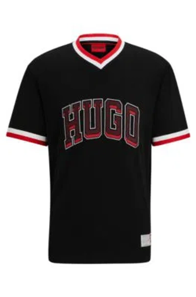 Hugo Cotton-jersey Relaxed-fit T-shirt With Sporty Logo In Black