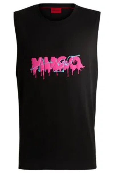 Hugo Cotton-jersey Sleeveless T-shirt With Seasonal Logo In Black