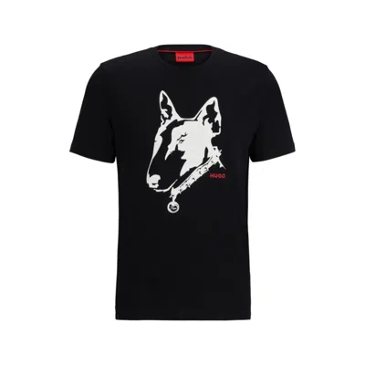 Hugo Cotton-jersey T-shirt With Dog Artwork In Black