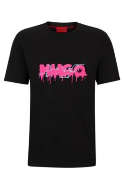 Hugo Cotton-jersey T-shirt With Double Logo In Black