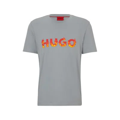 Hugo Cotton-jersey T-shirt With Puffed Flame Logo In Grey