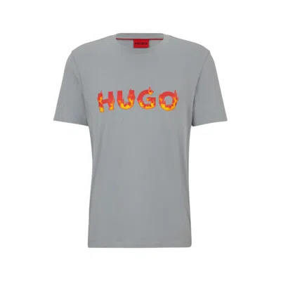 Hugo Boss Cotton-jersey T-shirt With Puffed Flame Logo In Grey