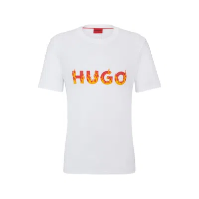 Hugo Cotton-jersey T-shirt With Puffed Flame Logo In White