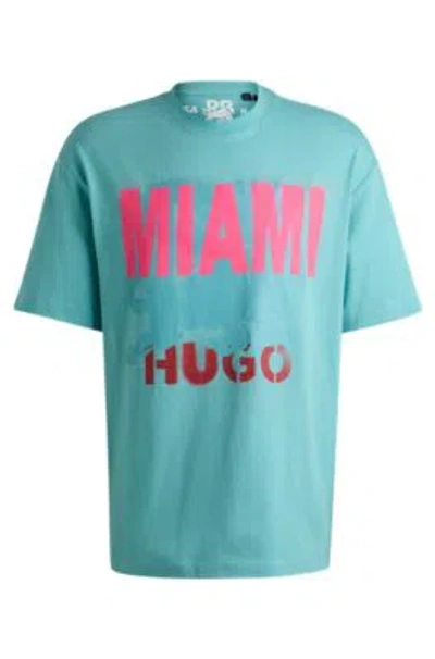 Hugo Cotton-jersey T-shirt With Special Miami Print In Turquoise