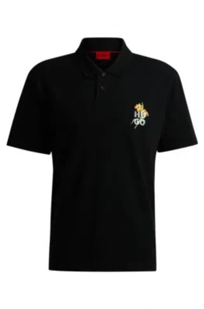 Hugo Boss Cotton-piqu Polo Shirt With Logo Artwork In Blue